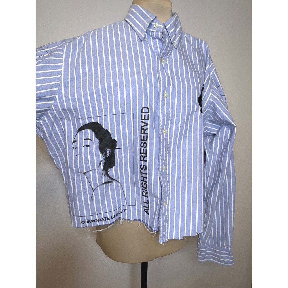 Women Shirt Streetwear Deconstructed Cropped Avant-Garde L Blue White Striped